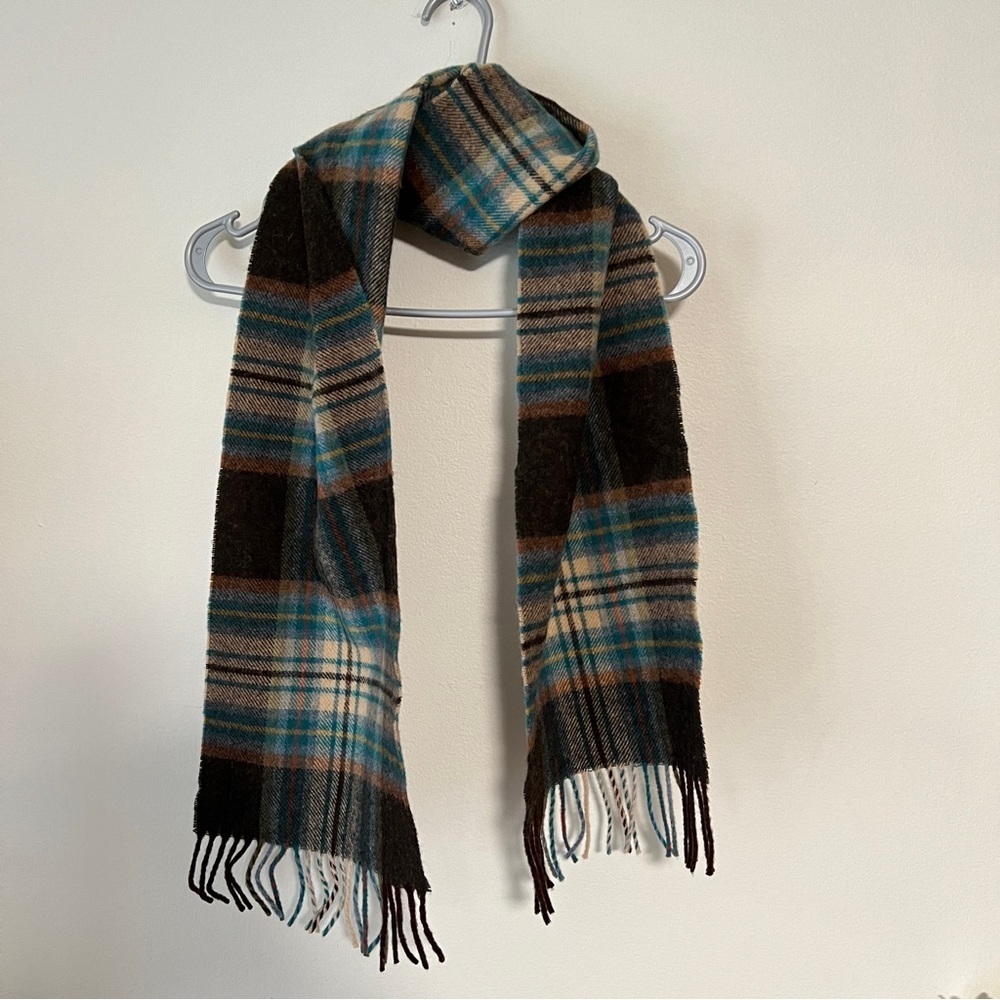 Bronte by moon 100% lamswool plaid brown scarf - Picture 2 of 4